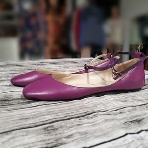 Purple leather ballet flats with ankle straps. 9